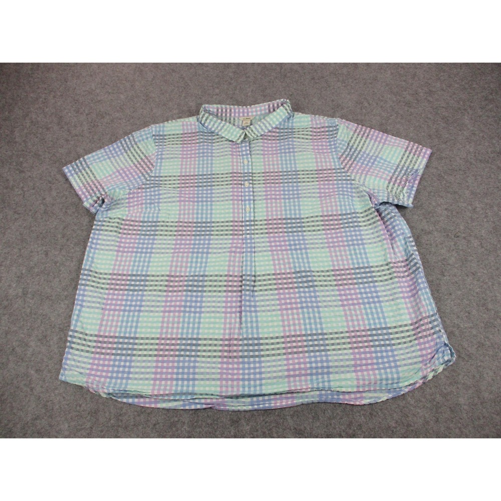 LL Bean Shirt Womens Plus‎ 2X Blue Green Plaid Seersucker Button Front Top
